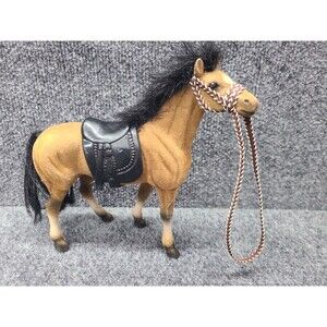 Vintage Flocked Horse Plastic Toy Figure 7" Tall Tan Brown with Black Saddle
